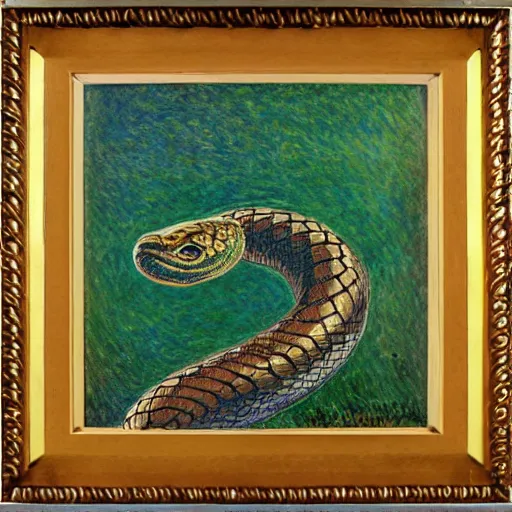 Prompt: circle made of a snake biting its own tail, tinted colours, highly detailed head, famous painting in the style of Claude Monet,