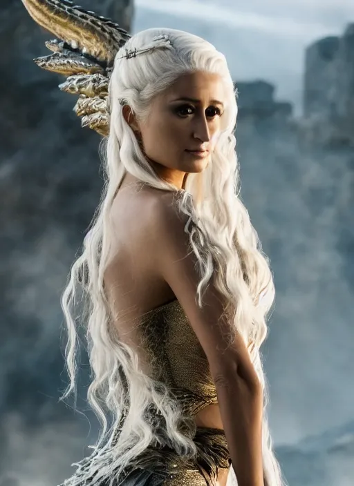 Image similar to full-body photograph of Paris Hilton as Daenerys Targaryen riding a dragon, majestic lighting, XF IQ4, 150MP, 50mm, F1.4, ISO 200, 1/160s, natural light