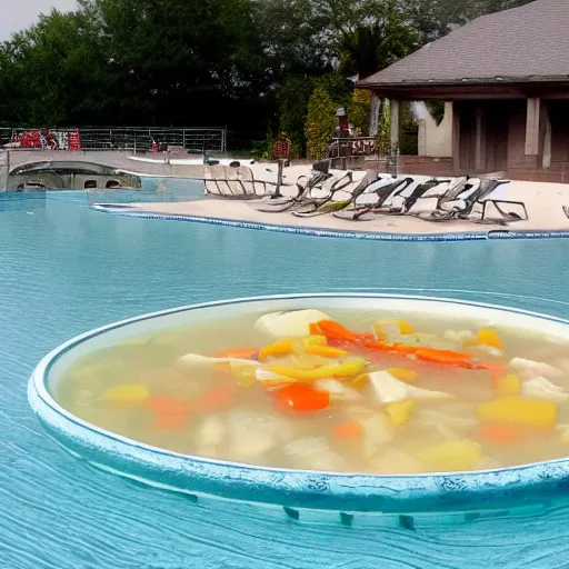 Image similar to a giant swimming pool but instead of water it is chicken soup