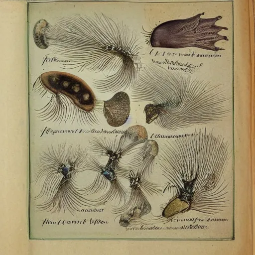 Prompt: “ a page from a 1 9 th century manuscript depicting biological illustrations of newly discovered nudibranchs ”