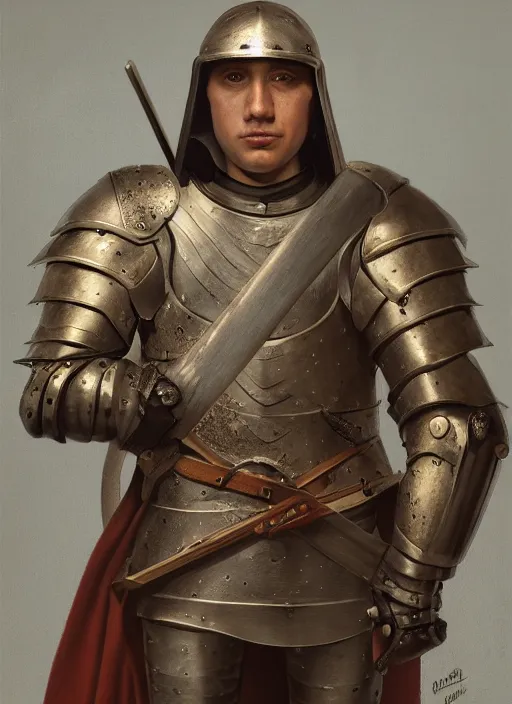 Image similar to oilpainting of an ugly young knight, ugly, hunchback, knight armor, no helmet, stringy hair, blemished face, strong, high resolution, clear image, digital art, studio photo, 4 k, clear lines, artstation, rendition by jan van eyck