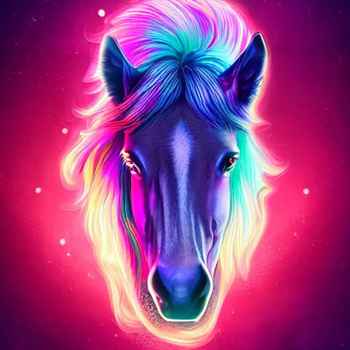 Prompt: digital horse, retrowave palette, highly detailed, anatomically correct equine, synth feel, smooth face, ear floof, flowing mane, no reins, super realism, accurate animal imagery, 4 k digital art