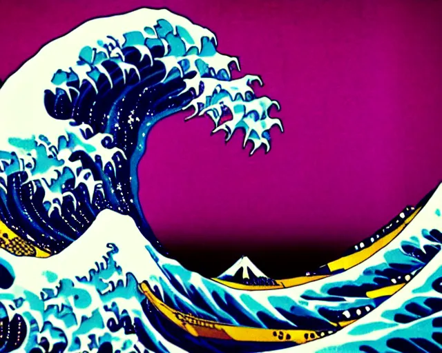 Prompt: Great wave off Kanagawa, cyberpunk, neon, dramatic lighting