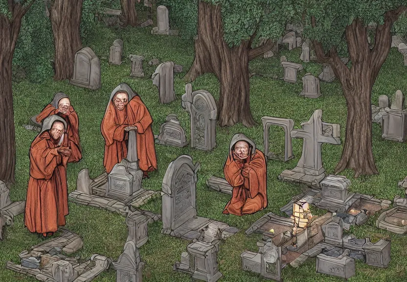 Image similar to possums dressed like monks at a medieval cemetery in the middle of the forest at night, highly detailed, photorealistic, isometric, digital art