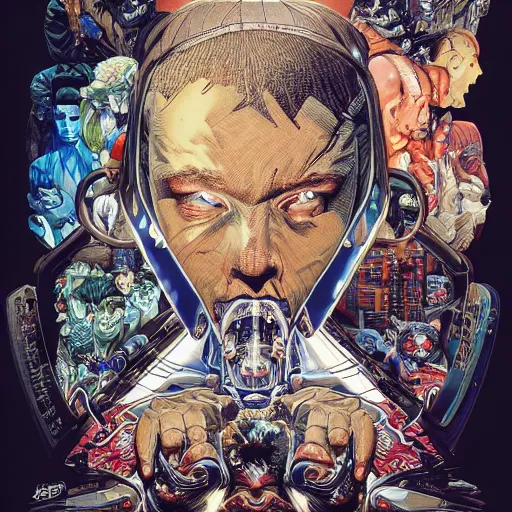 Image similar to portrait of crazy eminem, symmetrical, by yoichi hatakenaka, masamune shirow, josan gonzales and dan mumford, ayami kojima, takato yamamoto, barclay shaw, karol bak, yukito kishiro, areuz