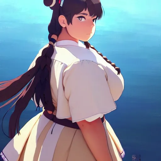 Image similar to a beautiful! plus sized native women instagram model, brown skin, wearing elegant catholic school girl designer fashion with mayan pattern and native style, aztec street fashion, gapmoe yandere grimdark, trending on pixiv fanbox, painted by greg rutkowski makoto shinkai takashi takeuchi studio ghibli, akihiko yoshida