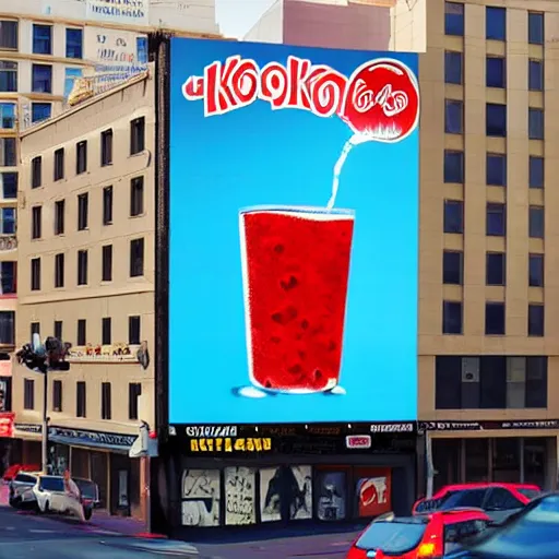 Image similar to bill board in san francisco advertising radioactive kool aid, artstation