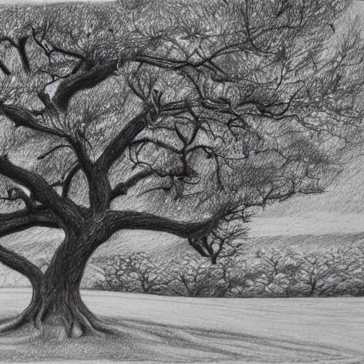 Prompt: oak tree on a hill, pencil drawing, detailed