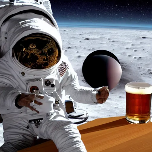 Image similar to a photo of a detailed, realistic, regular sized, sitting idle electric guitar next to an idle beer can next to an astronaut sitting on the moon surface. detailed photo. realistic photo