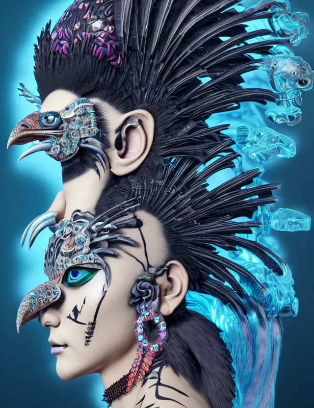 Image similar to 3 d goddess close - up profile portrait punk with mohawk with ram skull. beautiful intricately detailed japanese crow kitsune mask and clasical japanese kimono. betta fish, jellyfish phoenix, bio luminescent, plasma, ice, water, wind, creature, artwork by tooth wu and wlop and beeple and greg rutkowski