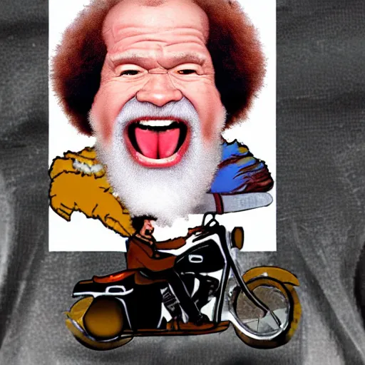 Image similar to bob ross screaming on back of a motorcycle