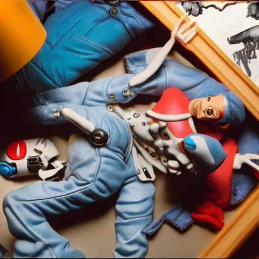 Image similar to eminem lying in tracey emin's bed, stop motion vinyl action figure, plastic, toy, butcher billy style