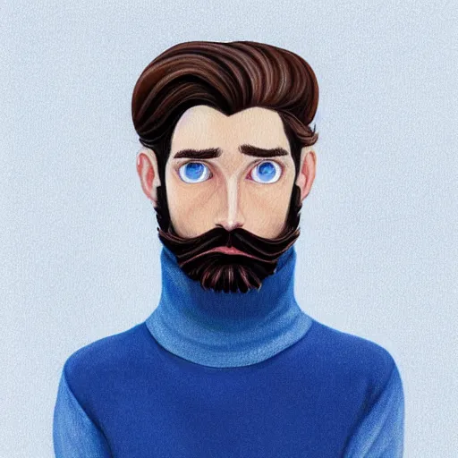 Image similar to gangly man with short dark blond wavy hair, dark blond beard, English heritage, blue eyes, middle aged, wearing a turtleneck and jacket, pale skin, narrow face, digital art, painterly, cartoon, cute, 8k, illustration, art by loish, painterly, trending on artstation, medium shot, uncropped