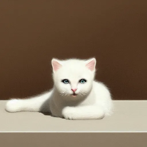 Prompt: A little white kitty sitting on a table, Graceful body structure,cute,Symmetrical face,highly detailed,elegant,Marc Simonetti and Caspar David Friedrich, Trending on artstation