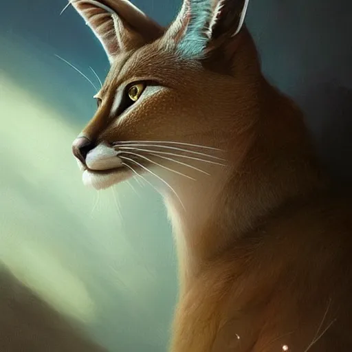 Prompt: portrait of a beautiful cute caracal with glowing blue eyes, dressed in a green top, flowing white hair, detailed face, fantasy, highly detailed, cinematic lighting, digital art painting by greg rutkowski, trending on artstation, very very beautiful, very attractive