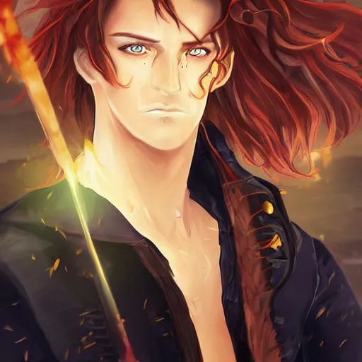Prompt: digital art of a pirate with golden eyes and fire hair wearing a black coat in the syle of wlop, sakimichan