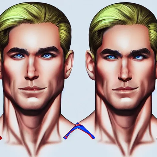 Image similar to hyper realistic portrait of superman with blonde two sides hair and thin face lines