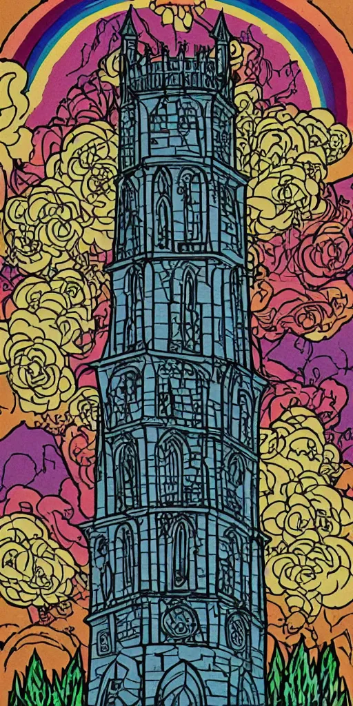 Image similar to mcbess illustration of a gothic tower, rainbow gouache