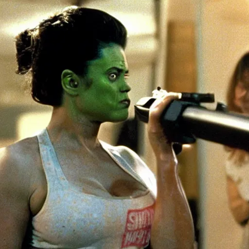 Prompt: promotional photo of she-hulk in the movie Heat (1995), movie still,