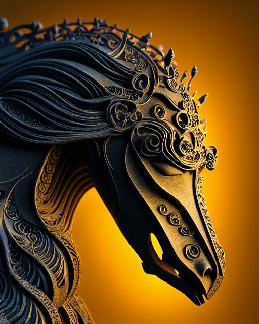 Prompt: 3 d ornate carved horse with profile portrait, sigma 5 0 0 mm f / 5. beautiful intricate highly detailed horse. bioluminescent, plasma, lava, ice, water, wind, creature, thunderstorm! artwork by tooth wu and wlop and beeple and greg rutkowski, 8 k trending on artstation