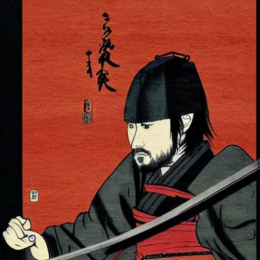Prompt: jesse pinkman from breaking bad wearing samurai armor and holding a katana in feudal japan, 4 k, hyper realistic, ink block painting, edo period