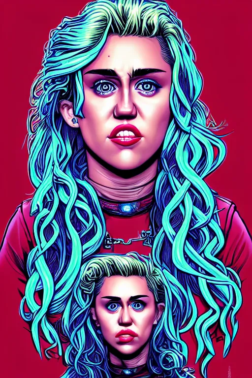 Image similar to a portrait of miley cyrus with long hair, drawn by robbie trevino and dan mumford, poster, digital art, comic art, concept art,, single head, no double head,