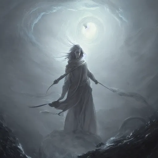 Prompt: grey humanoid wind spirit, epic fantasy style, in the style of Greg Rutkowski, mythology artwork