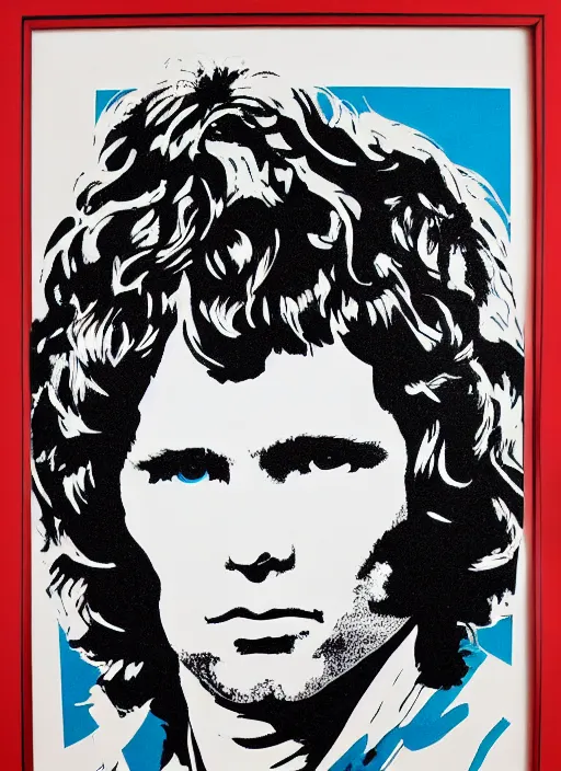 Image similar to Jim Morrison, Detailed, 1970's, Art Poster, Screen print, Cream paper, black, red and cyan ink