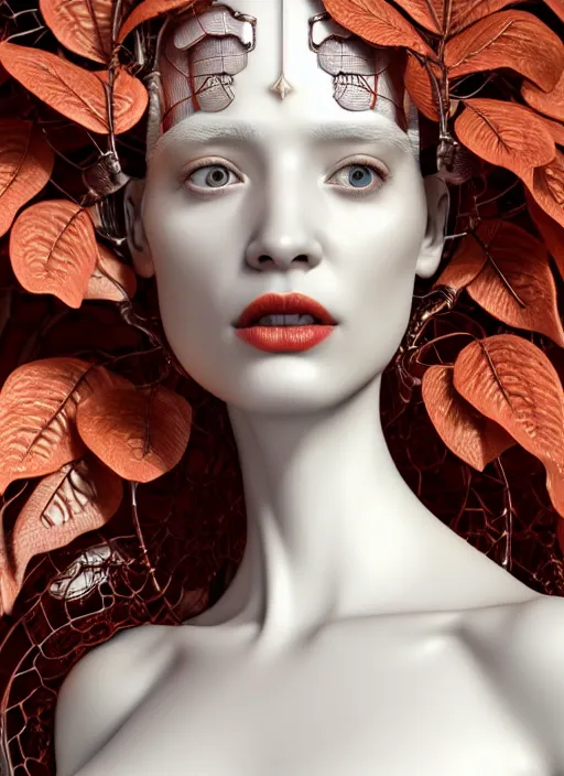 Image similar to complex 3d render ultra detailed of a beautiful porcelain profile woman face, mechanical cyborg, 150 mm, silver gold details, beautiful natural soft light, rim light, magnolia big leaves and stems, roots, fine foliage lace, mesh wire, intricate details, hyperrealistic, mandelbrot fractal, anatomical, red lips, Alexander McQueen haute couture, white metal armor, facial muscles, cable wires, microchip, elegant, octane render, H.R. Giger style, 8k