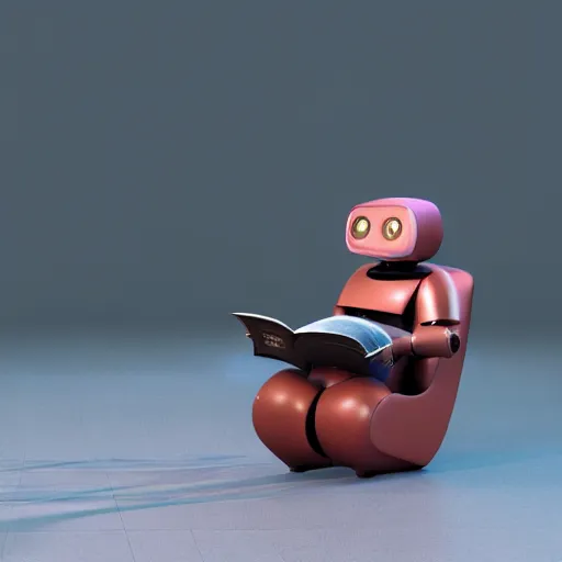 Image similar to futuristic studious matte brown and red full-body humanoid robot with two huge round expressive sad purple glowing LED eyes and open rectangular mouth sitting on a large comfortable cushioned 1950s vintage recliner reading a newspaper. open newspaper. Cinematic Movie Photograph, Arri Alexa, Extremely Detailed, smooth, very very clean, 8K, octane render, maya render, unreal engine, trending on artstation, DSLR, excellent composition, center frame