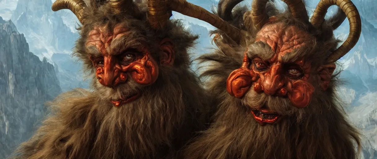 Image similar to hyperrealist highly detailed neo-baroque portrait of krampus standing in dolomites concept art pascal blanche dramatic studio lighting 8k wide angle shallow depth of field