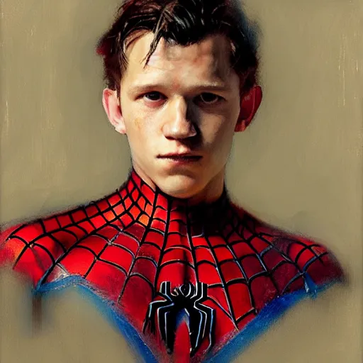 Image similar to portrait of tom holland as spiderman, by jeremy mann, anders zorn.