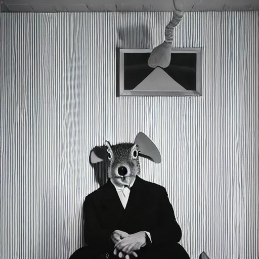 Prompt: a gargantuan man, a formal portrait in a studio, 35mm light, classic Man Ray meets William Wegman style. The man's mouth is stretched open and a squirrel is sitting on his tongue. The room is art deco meets Berlin 1939. Everywhere is covered with suckers and flashing LEDs - n 9