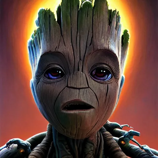 Prompt: cinematic bust portrait of beautiful baby groot from left, head and chest only, exotic alien features, robotic enhancements, desaturated, Tim Hildebrandt, Wayne Barlowe, Bruce Pennington, donato giancola, larry elmore, oil on canvas, masterpiece, trending on artstation, featured on pixiv, cinematic composition, dramatic pose, beautiful lighting, sharp, details, hyper-detailed, HD, HDR, 4K, 8K