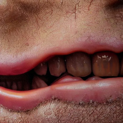 Image similar to a photo from a balded with teeth made of wood, close up, photorealistic