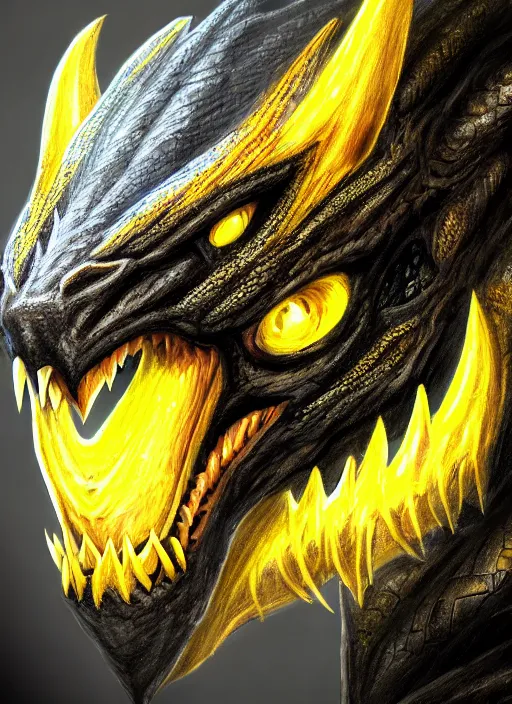 Image similar to closeup portrait of black dragon head with yellow eyes, ultra realistic, fantasy, magic, dnd,