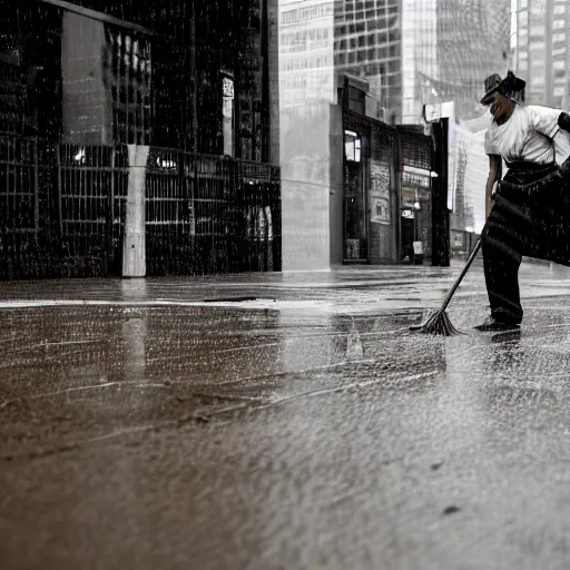 Image similar to closeup portrait of a cleaner with a mop a rainy new york street, photography