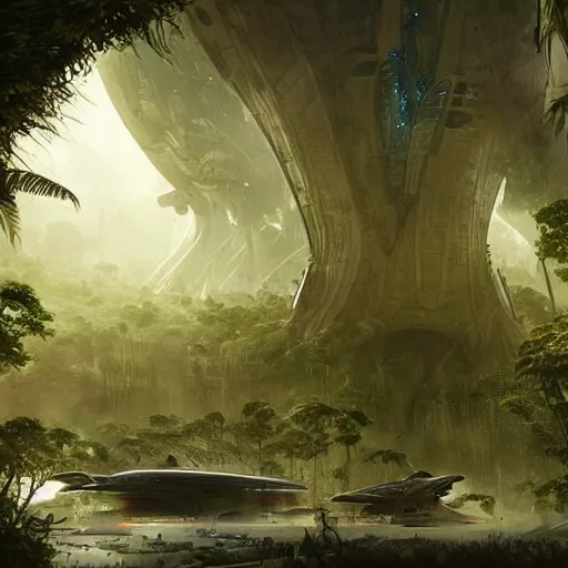 Image similar to epic alien jungle by greg rutkowski inside a giant laboratory by raymond swanland and zaha hadid