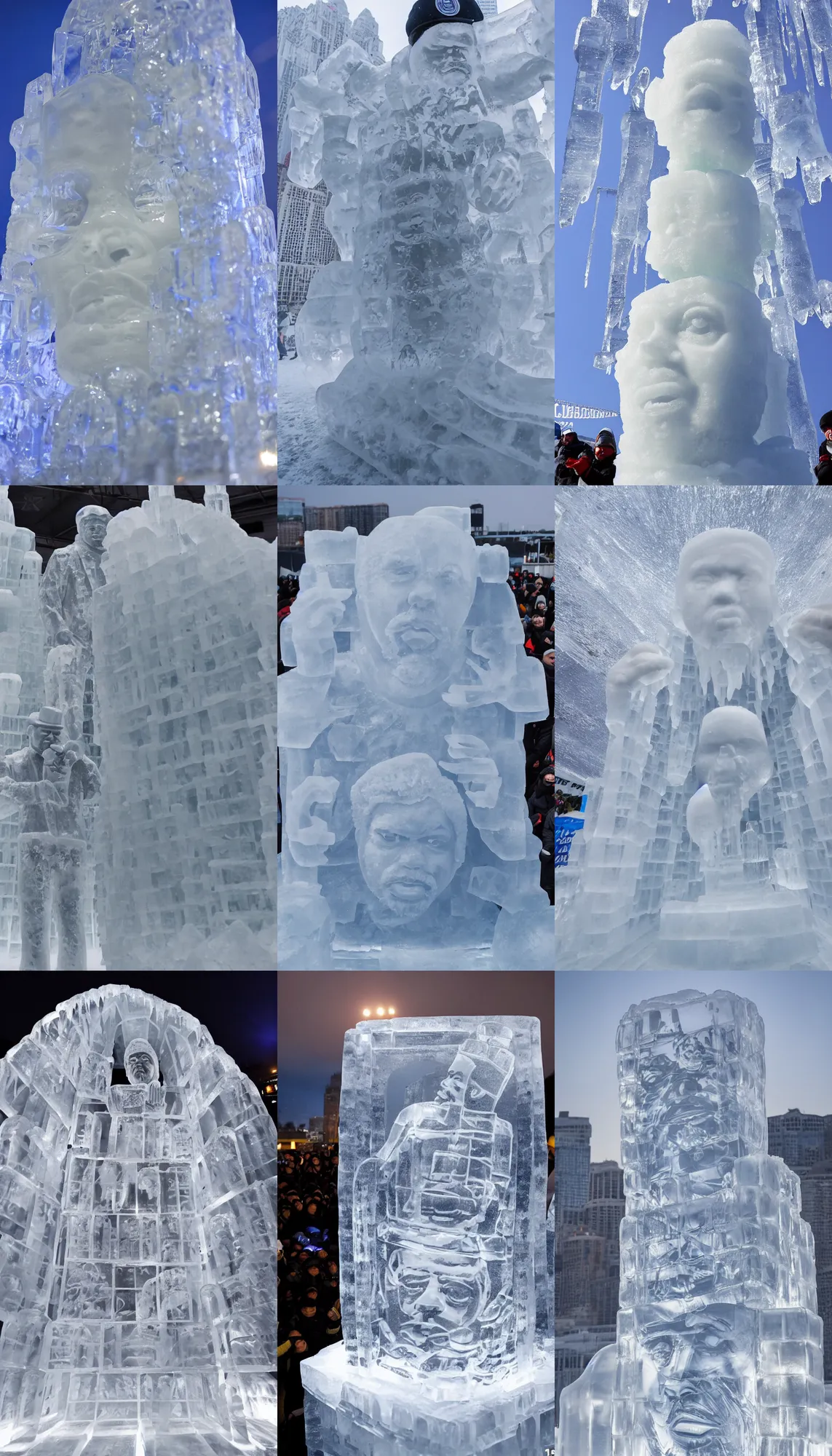 Prompt: dramatic photo, an ice sculpture of rapper'ice cube'carved out of ice at harbin ice festival, full body, wide angle photo, award winning