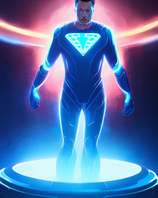 Image similar to blue color elon musk superhero, glam, power, glowing lights intricate, elegant, highly detailed, digital painting, artstation, concept art, smooth, sharp focus, illustration, art by artgerm and greg rutkowski and fra angelico and unreal engine 5