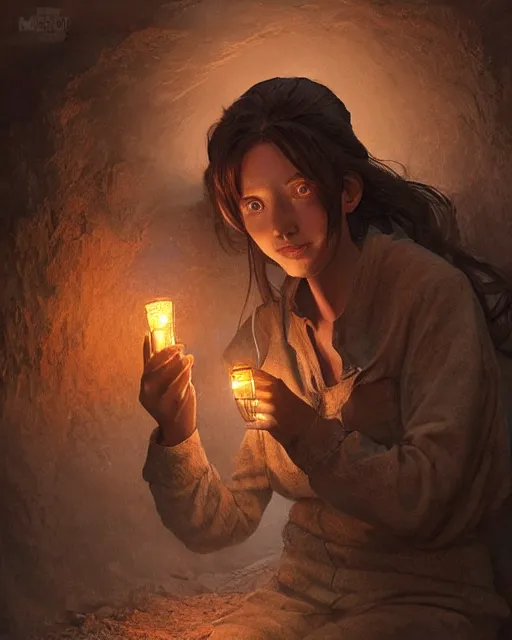 Image similar to a beautiful coalminer woman in a mine lit by kerosene lamps, pioneer work, ambient cave lighting, detailed face, by makoto shinkai, stanley artgerm lau, wlop, rossdraws