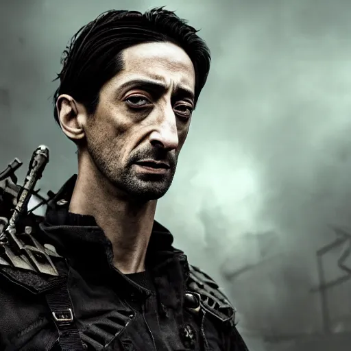 Image similar to adrien brody portrait, dystopia core, apocalyptic, armor, warrior, dramatic, sharp focus, fiction, neon, fantasy, hyper detailed, digital art, trending in artstation, cinematic lighting, studio quality, smooth render, unreal engine 5 rendered, octane rendered, art style and nixeu and wlop and krenz cushart