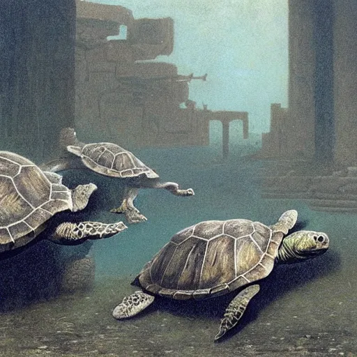 Prompt: turtles underwater in ruined city of Atlantis , by Michael Sowa