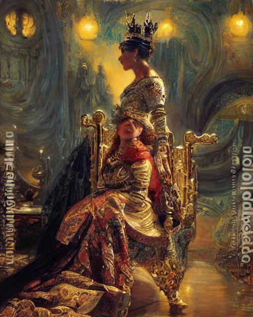 Prompt: an illustration of a queen on a throne at night by frederick arthur bridgman, realistic, detailed, oil painting, 1 9 th