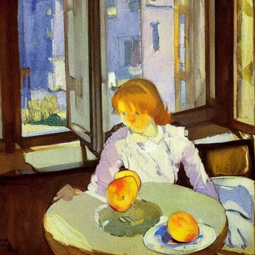 Prompt: a girl with iphones on a table sits at a table in a sunny room, the window is open, girl with peaches, by valentin serov