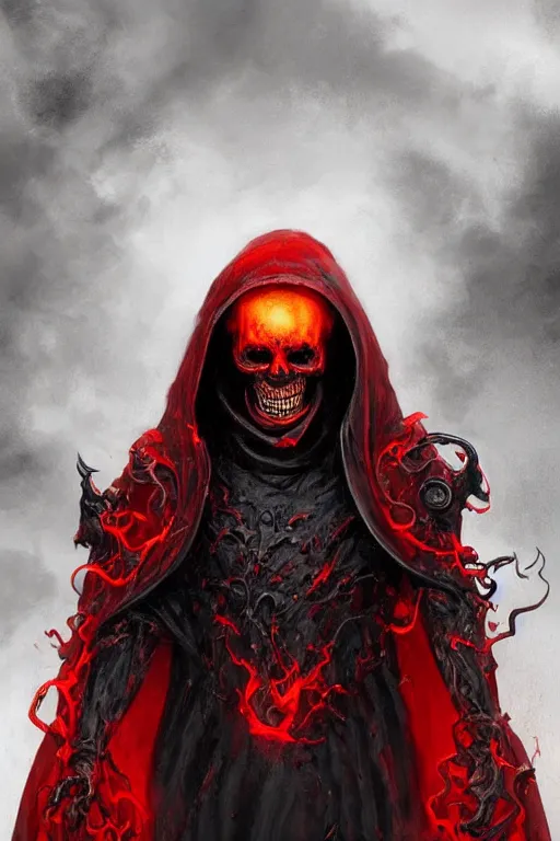 Image similar to A full body portrait of a mysterious character with a flaming skull with a very long hooded blood red and black cloak, tentacles coming out the ground art by Jason Chan and Gilles Beloeil, ominous, cosmic horror, trending on artstation, Ultra detailed, hyper realistic 4k