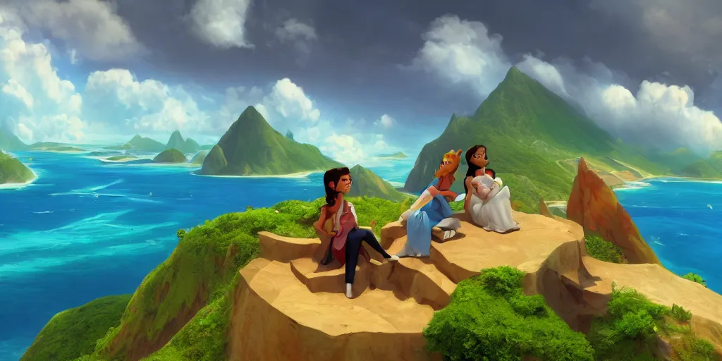 Prompt: a beautiful couple sitting on a cloud above emerald lagoon of Sint-Marteen, mattepainting concept Blizzard pixar maya engine on stylized background global illumination lighting artstation in the style of The Road to El Dorado