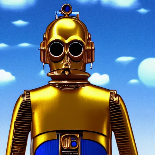 Image similar to full body portrait of Simpson as C3PO in star wars, background blue sky puffy clouds cinematic 4k