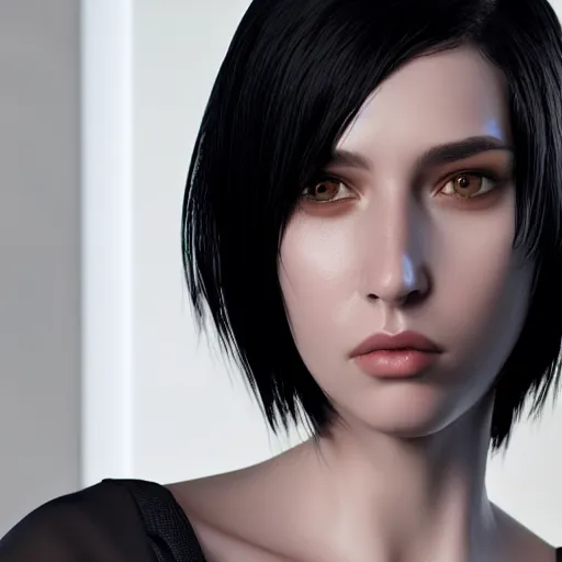 Image similar to a close up of a person with black hair, a character portrait by Eve Ryder, cgsociety, photorealism, unreal engine 5, unreal engine, prerendered graphics