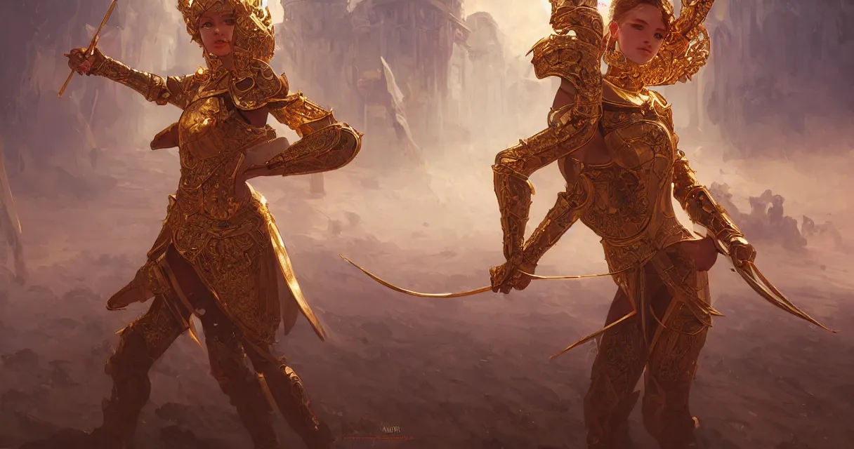 Image similar to knights of zodiac girl, golden and copper armor, karate show in ruined agora of athens sunrise, ssci - fi and fantasy, intricate and very very beautiful and elegant, highly detailed, digital painting, artstation, concept art, smooth and sharp focus, illustration, art by tian zi and wlop and alphonse mucha